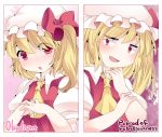  1girl ascot blonde_hair blush bow bust dress fang flandre_scarlet frame hammer_(sunset_beach) hat hat_bow looking_at_viewer open_mouth puffy_sleeves red_dress red_eyes shirt short_sleeves side_ponytail smile solo touhou 
