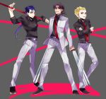  3boys black_keys blonde_hair blue_hair brown_hair earrings fate/stay_night fate_(series) formal gae_bolg gilgamesh jewelry kotomine_kirei lancer multiple_boys necktie polearm ponytail purinnkawayusu red_eyes spear suit weapon 