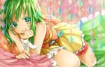  1girl bare_shoulders green_eyes green_hair gumi hand_on_own_cheek momomochi pillow smile vocaloid 