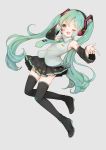  1girl boots detached_sleeves green_eyes green_hair hand_on_headphones hatsune_miku headphones headset highres long_hair mnmktn necktie skirt solo thigh_boots thighhighs twintails very_long_hair vocaloid wink 