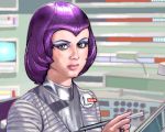  1girl 60s bob_cut green_eyes looking_at_viewer lowres lt._gay_ellis makeup matagitii military oekaki oldschool purple_hair realistic science_fiction ufo_(copyright) uniform 