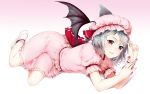  1girl bat_wings eventh7 hat highres lavender_hair on_stomach remilia_scarlet short_hair skirt skirt_set smile solo touhou violet_eyes wings wrist_cuffs 