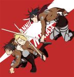  1boy 2girls 302 annie_leonhardt belt black_hair blonde_hair blue_eyes carrying_under_arm character_name dual_wielding eren_jaeger green_eyes long_sleeves mikasa_ackerman multiple_girls open_mouth scarf shingeki_no_kyojin short_hair sweatdrop sword uniform weapon 