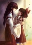  2girls bow brown_hair chien_zero closed_eyes hair_bow hair_tubes hakurei_reimu hand_on_another&#039;s_face highres hug japanese_clothes kneeling leaf long_hair miko mother_and_daughter multiple_girls open_mouth purple_hair red_eyes sendai_hakurei_no_miko short_hair smile touhou young 