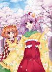  2girls apron bell character_name checkered cherry_blossoms clothes_writing floral_print flower hair_bell hair_flower hair_ornament hieda_no_akyuu holding_hands japanese_clothes lantern motoori_kosuzu multiple_girls nakama_tsukasa open_mouth orange_hair purple_hair red_eyes smile touhou tree violet_eyes wide_sleeves 