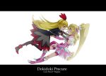  2girls aida_mana bike_shorts blonde_hair blush character_name copyright_name couple cure_heart dokidoki!_precure hairband half_updo incipient_hug letterboxed long_hair multiple_girls nakaya_106 outstretched_arms precure reaching_out red_ribbon regina_(dokidoki!_precure) ribbon simple_background white_background yuri 