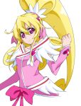  1girl aida_mana blonde_hair clenched_hand cure_heart dokidoki!_precure half_updo long_hair nanashishi pink_eyes ponytail precure serious simple_background solo white_background 