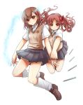  2girls biribiri brown_eyes brown_hair electricity ichiru long_hair misaka_mikoto multiple_girls school_uniform shirai_kuroko short_hair shorts sweater_vest to_aru_kagaku_no_railgun to_aru_majutsu_no_index twintails 