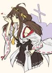  1girl black_eyes blown_kiss blush braid breasts brown_hair detached_sleeves hair_ornament heart japanese_clothes kantai_collection kongou_(kantai_collection) long_hair shiba_itsuki smile solo wink 