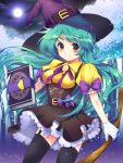  1girl bangs blue_hair book deviantart ellsat forest hat long_hair moon nature night ribbon skirt smile tagme thighhighs witch witch_hat yellow_eyes 