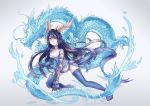 1girl blue_eyes blue_legwear china_dress chinese_clothes dragon_ears dragon_girl dragon_horns dragon_tail gauntlets karin_(p&amp;d) long_hair monster_girl puzzle_&amp;_dragons qinglong_(mythology) smile spiked_knuckles tail thighhighs vienri 