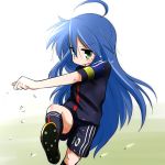  1girl blue_hair green_eyes izumi_konata kicking long_hair lucky_star mizushima_(p201112) soccer_uniform 