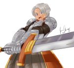  1girl armor armored_dress braid bruise chris_lightfellow french_braid full_armor gauntlets gensou_suikoden gensou_suikoden_iii injury open_mouth pauldrons radlionheart shouting signature silver_hair solo sword violet_eyes weapon 