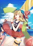  1girl ball bat_wings beach beach_umbrella beachball blonde_hair bottle clouds flandre_scarlet food fruit goggles hat innertube licking ocean one-piece_swimsuit open_mouth popsicle red_eyes scuba_gear short_hair side_ponytail sky solo sunglasses swimsuit tagme touhou towel water_bottle water_gun watermelon wings yamucha 