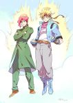  2boys aura blonde_hair blue_jacket boots caesar_anthonio_zeppeli dragon_ball dragon_ball_z facial_mark feathers fingerless_gloves gakuran gloves glowing halo headband highres jacket jojo_no_kimyou_na_bouken kakyouin_noriaki linjie multiple_boys parody redhead scar scarf school_uniform style_parody toriyama_akira_(character) 