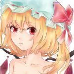  1girl blonde_hair bust collarbone fang flandre_scarlet frown haakun hat hat_ribbon highres lips looking_at_viewer mob_cap red_eyes ribbon short_hair side_ponytail simple_background solo topless touhou white_background wings 