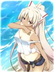  1girl belt bow breasts buckle cleavage fujiwara_no_mokou hair_bow haruyonoto highres long_hair navel open_fly ponytail red_eyes short_shorts shorts silver_hair solo tan tank_top tanline touhou unbuckled_belt unzipped water 