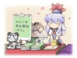  2girls animal_ears biyon blue_dress blue_hair book closed_eyes dress face_mask hat kamishirasawa_keine mask mouse_ears multiple_girls nazrin neckerchief new_mask_of_hope sign smile stuffed_animal stuffed_tiger stuffed_toy table touhou v_arms 