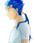  1boy blue_hair earrings fate/hollow_ataraxia fate/stay_night fate_(series) heta1201 jewelry lancer long_hair ponytail profile solo t-shirt 