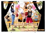  2girls 5boys bandana barefoot basketball black_eyes black_hair blonde_hair candle cigarette copyright_name drinking earrings english glass glasses green_hair hat highres jeans jewelry long_hair looking_at_viewer monkey_d_luffy multiple_boys multiple_girls nami nico_robin oda_eiichirou official_art one_piece orange_hair pom_poms roronoa_zoro sanji scar shirt shoes short_hair shorts sitting straw_hat tattoo tongue tony_tony_chopper usopp 