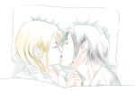  2girls bed christa_renz closed_eyes couple holding_hands kiss lying motoi_(nontack) multiple_girls profile shingeki_no_kyojin short_hair ymir_(shingeki_no_kyojin) yuri 