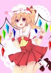  1girl ascot blonde_hair bobby_socks flandre_scarlet hat heart highres jumping kenpin looking_at_viewer mary_janes open_mouth red_eyes shoes short_hair side_ponytail simple_background smile socks solo touhou wings 