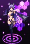  1girl animal_ears aoinagi bare_shoulders black_legwear boots breasts cat_ears cleavage detached_sleeves highres large_breasts long_hair navel purple_hair red_eyes solo thigh-highs thigh_boots thighs wide_hips 