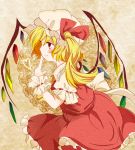  1girl ascot blonde_hair blush bow finger_to_mouth flandre_scarlet hat hat_bow heart profile red_eyes short_hair side_ponytail skirt skirt_set smile solo touhou wings wrist_cuffs 