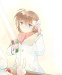  1girl bag blue_eyes bow brown_hair coat hair_bow holding lyrical_nanoha mahou_shoujo_lyrical_nanoha_innocent material-s na770 scarf short_hair solo standing stuffed_animal stuffed_toy window 