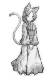  1girl animal_ears cat_ears cat_tail flower hair_ornament highres long_hair looking_at_viewer monochrome original playjoe2005 simple_background smile tail traditional_clothes traditional_media white_background 