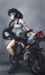  1girl arceonn black_hair black_rock_shooter black_rock_shooter_(character) blue_eyes boots casual clothes_around_waist ducati garter_straps hair_ornament hairclip highres katana long_hair miniskirt motor_vehicle motorcycle off_shoulder sheath sheathed single_thighhigh skirt small_breasts solo sweater_around_waist sword thighhighs twintails uneven_twintails vehicle weapon zipper 