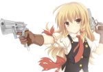  1girl adapted_costume blonde_hair blush braid brown_eyes buttons dual_wielding finger_on_trigger gloves gun highres jacket kirisame_marisa long_hair looking_at_viewer mizunashi_kenichi necktie no_hat no_headwear revolver short_sleeves simple_background solo star torn_clothes touhou trigger_discipline vest weapon western white_background 