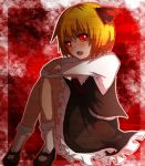  1girl blonde_hair bow fang hair_bow hair_ribbon hiromaru0322 open_mouth red_background red_eyes ribbon rumia short_hair sitting skirt solo touhou 