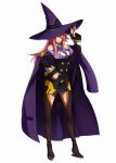  1girl bare_shoulders blazblue blazblue:_chrono_phantasma blazblue_phase_0 boots breasts cloak female hair_over_one_eye hand_on_hip hat high_heels konoe_a_mercury large_breasts long_hair necktie official_art pink_hair pixel_art shoes skirt solo thigh-highs thigh_boots white_background witch_hat yellow_eyes 