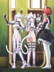  2girls absurdres animal_ears armor ass breasts cat_ears cat_tail character_request cleavage darkmuleth extra_ears fantasy_earth_zero fingerless_gloves gloves highres long_hair maid mirror multiple_girls ponytail red_eyes redhead reflection short_hair silver_hair tail wings 