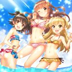  3girls ;3 adapted_costume akagi_miria ass bikini black_hair blonde_hair brown_eyes brown_hair buntan futaba_anzu hair_ornament highres idolmaster idolmaster_cinderella_girls jougasaki_rika long_hair looking_at_viewer moroboshi_kirari multiple_girls one_eye_closed open_mouth pikapikapop short_hair small_breasts swimsuit twintails two_side_up wading 