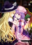  2girls adapted_costume bespectacled blonde_hair book bookshelf cage candle eye_contact flower glasses hat highres hoozuki_shia kirisame_marisa long_hair long_sleeves looking_at_another multiple_girls patchouli_knowledge purple_hair short_sleeves sitting star touhou vase violet_eyes witch_hat yuri 