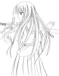  1girl from_behind lineart long_hair mizunashi_kenichi monochrome school_uniform serafuku solo sword weapon 