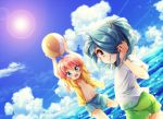  2boys arched_back ball beachball blue_eyes blue_hair clouds crossover dutch_angle hair_over_one_eye inazuma_eleven inazuma_eleven_(series) inazuma_eleven_go kazemaru_ichirouta kirino_ranmaru lens_flare long_hair looking_back male multiple_boys navel open_clothes pink_hair ponytail shiho_(acoram) shorts time_paradox twintails water 