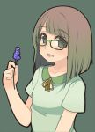  1girl blush brown_hair flower glasses green-framed_glasses grey_eyes highres holding holding_flower long_hair open_mouth original oza_watto simple_background smile solo 