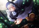  1girl black_dress branch broom broom_riding cat dress fireflies forest frills full_moon hat holding holding_hat moon nature night original philomelalilium red_eyes silver_hair smile solo squirrel tree white_cat witch 
