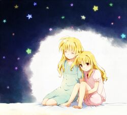  2girls alicia_testarossa bed blonde_hair fate_testarossa hair_undone long_hair lyrical_nanoha mahou_shoujo_lyrical_nanoha mahou_shoujo_lyrical_nanoha_a&#039;s multiple_girls na770 pajamas red_eyes side-by-side sitting smile star 