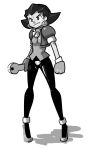  1girl atomictiki cropped_jacket crotch_plate earrings gloves highres jewelry long_legs monochrome pantyhose pigeon-toed rockman rockman_dash short_hair skull solo tron_bonne wrench 