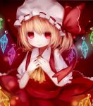  1girl ascot blonde_hair crystal flandre_scarlet hands_on_own_chest hat nachi red_eyes ribbon short_hair solo touhou wings 