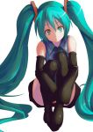  1girl detached_sleeves green_eyes green_hair hatsune_miku highres leg_hug long_hair neav simple_background sitting sleeves_past_wrists solo thighhighs twintails very_long_hair vocaloid white_background 
