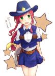  1girl amitie_florian badge belt blush braid cowboy cowboy_hat green_eyes gun hair_ribbon hat holding holster long_hair looking_at_viewer lyrical_nanoha mahou_shoujo_lyrical_nanoha mahou_shoujo_lyrical_nanoha_a&#039;s mahou_shoujo_lyrical_nanoha_a&#039;s_portable:_the_gears_of_destiny miniskirt na770 open_mouth plate pleated_skirt redhead ribbon shirt single_braid skirt smile solo standing star vest weapon western white_shirt 