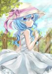  1girl blue_eyes blue_hair clouds date_a_live fence hat leaf long_hair sky sleeveless solo weave7769 yoshino_(date_a_live) 
