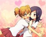  2girls :d black_hair blonde_hair blush couple fresh_precure! glomp happy heart higashi_setsuna hug momozono_love multiple_girls necktie open_mouth outstretched_arms outstretched_hand pink_background pink_eyes precure purple_hair red_eyes school_uniform short_hair smile twintails umei_(pixiv226457) wink yuri 