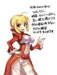  1girl ahoge blonde_hair breasts cleavage dress epaulettes fate/extra fate_(series) green_eyes hair_ribbon maccyman red_dress ribbon saber_extra see-through solo 