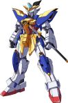  geminass_gundam glowing glowing_eyes gundam gundam_wing_dual_story:_g-unit highres mecha musha_gundam_01 n.jehuty no_humans samurai sd_gundam sd_sengokuden simple_background solo sword topknot weapon white_background 